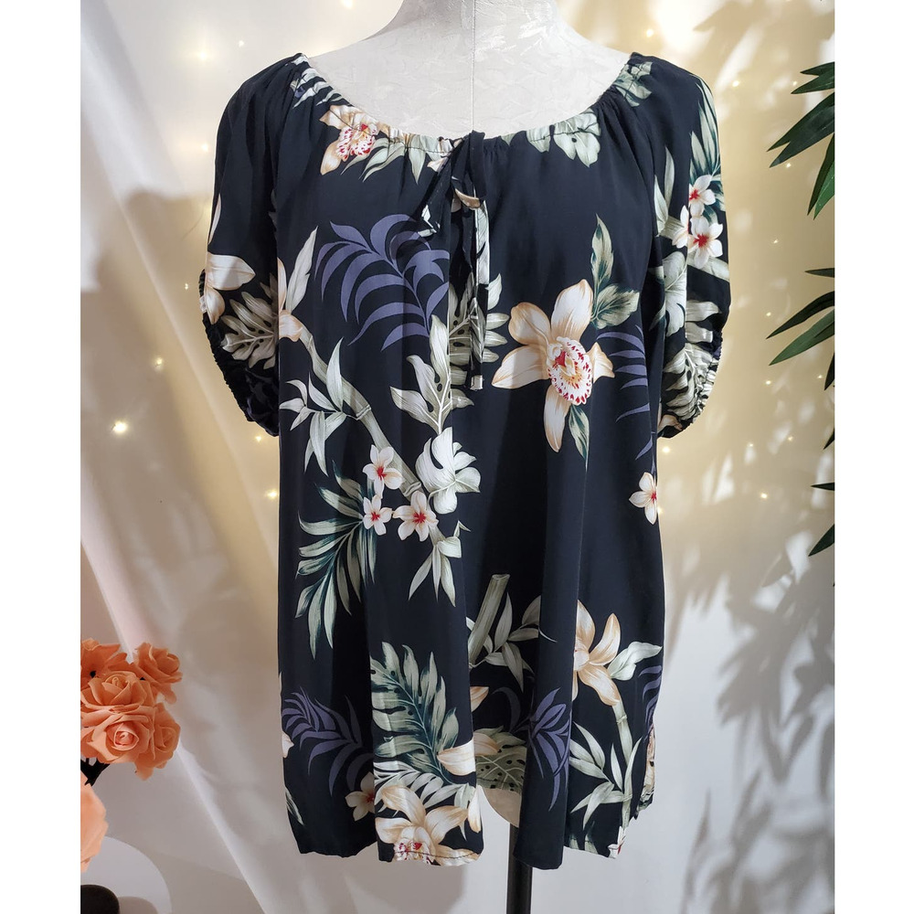 Winnie Fashion VTG Hawaiian Scoop Tie Neck Top Womens Size 3XL Tropical Floral